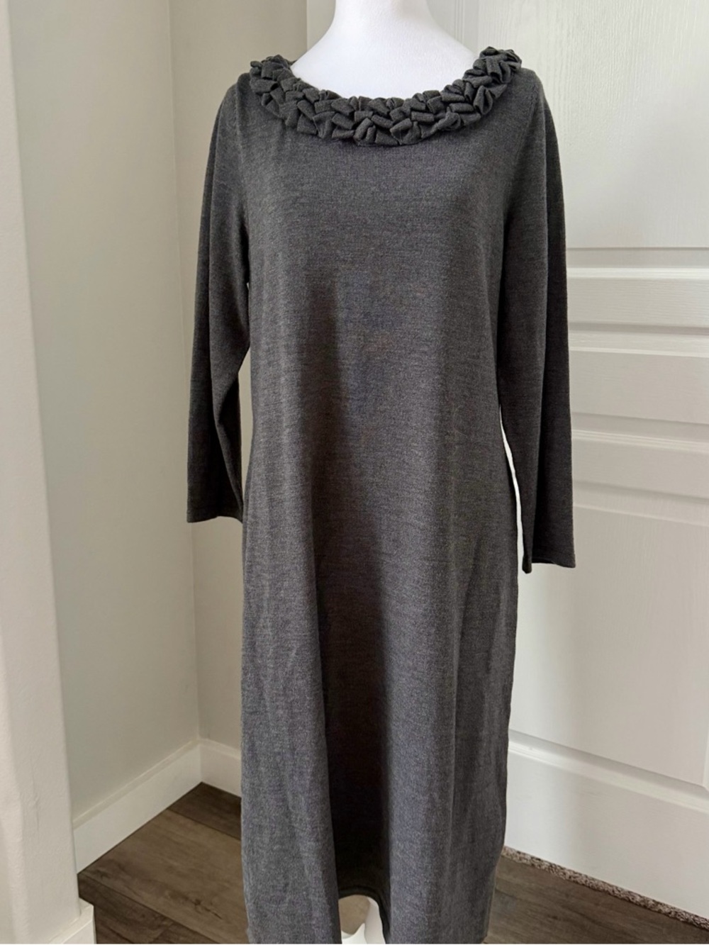 Talbots Pure Italian Merino Wool Sweater Dress Ruffle Neck Business Timeless